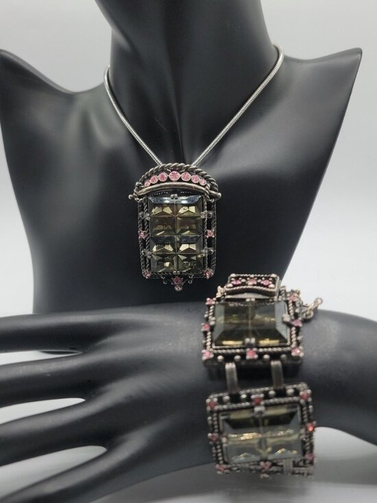 Sarah Coventry Jewelry - Sarah Coventry Midnight Magic Necklace & Bracelet Black w/Pink Grey Rhinestones
